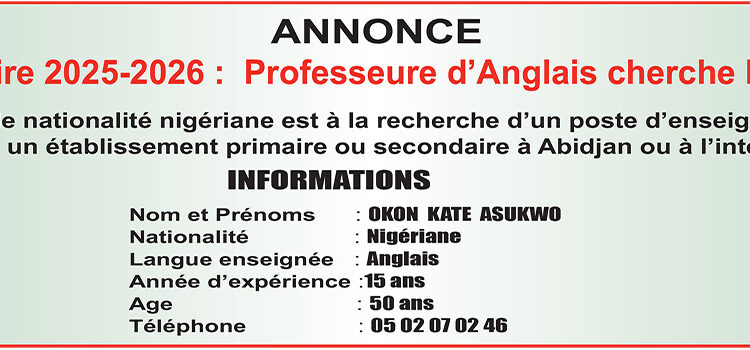 ANNONCE PROFESSEUR D&rsquo;ANGLAIS